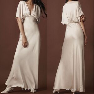 BHLDN Anthro | Amelia Deep V Satin Dress | Maxi | Cream | Women’s 12